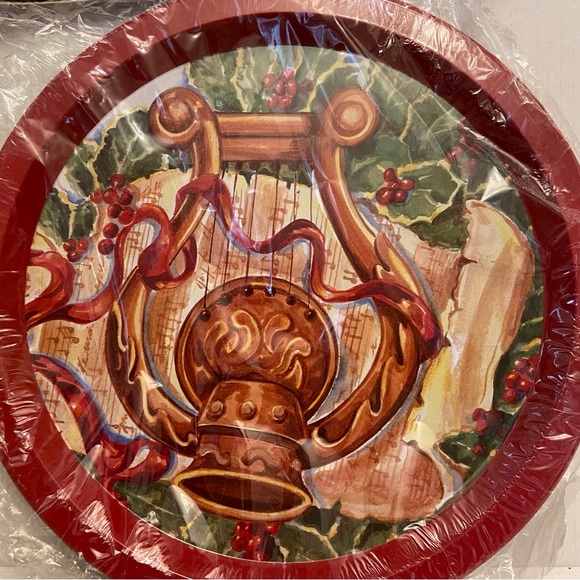 Vintage Hartin Holiday Christmas Bell & Harp Red 13” Round Serving Party Tray. - Picture 3 of 6